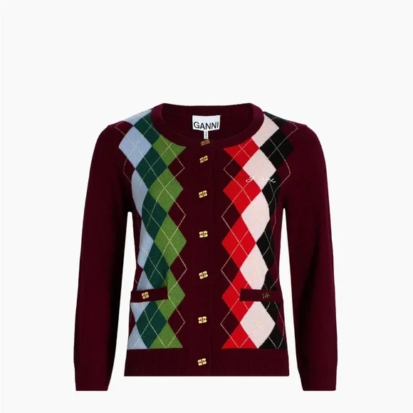 GANNI Argyle Wool-Cashmere Cardigan - Picture 3 of 10